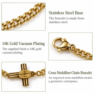 Cross <b>Medallion</b> Chain Bracelet, Stainless Steel, <b>Gold</b> and Silver Color Options, <b>Gold</b> Variant 14K <b>Gold</b> Vacuum Plated - Product Image 2