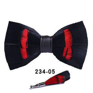 Papillon da <span class=keywords><strong>uomo</strong></span> fatto a mano in piuma naturale e pelle PU, pre-annodato, <span class=keywords><strong>con</strong></span> spilla coordinata, set <span class=keywords><strong>di</strong></span> accessori per abito formale da matrimonio - Product Image 5