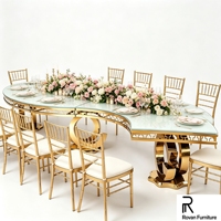 Nouvelle table de banquet de luxe en acier inoxydable doré en forme de S, avec plateau en verre haut de gamme et base ajourée, pour mariage