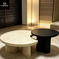 Ensemble de tables basses gigognes modernes 2 pièces en pierre de travertin naturelle et table d'appoint ronde noire, table centrale de luxe pour salon