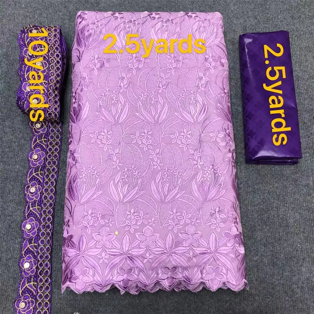 Beautifical wholesale african lace fabrics 2.5 yards bazin 2.5 yards cotton lace and 10 yards lace trim ML54BS01