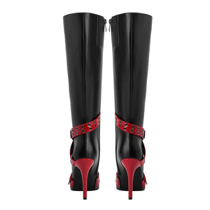 Bottes hautes rouges à talon fin et bout pointu pour femme, grande taille 45, avec boucles métalliques, coupe large, fermeture éclair latérale et ceinture - Product Image 5