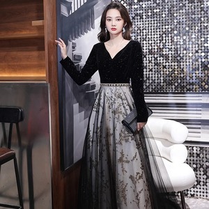 Women's Black Evening Gown V-Neck Long Sleeve Floral Print Tulle Skirt Formal Dress For Banquet And Coming Of Age Ceremony - Product Image 1