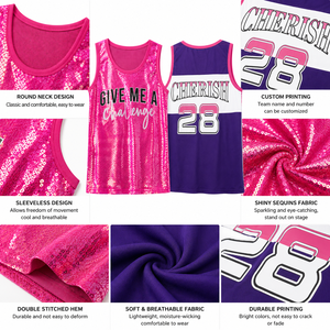 Custom Girls <b>Sequin</b> Basketball Fan Tank <b>Top</b> Sleeveless Cheerleading Uniform Jersey Style Front Back Number Print Wholesale - Product Image 6