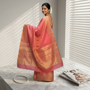 Sari de Seda Sofisticado en Color Rosa Coral |   Ropa Tradicional Premium para Mujer de Secado Rápido, Origen Maharashtra, para Invierno/Verano - Product Image 3