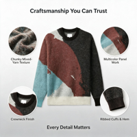 Pull en maille à col rond pour homme en mélange de mohair, à manches longues, motif color block abstrait, coupe décontractée, logo personnalisé, OEM, ODM, vente en gros
