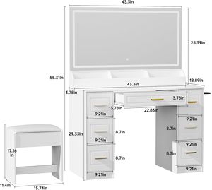 Tocador de Maquillaje con Espejo LED, 3 Opciones de Iluminación de Color, Enchufe de Carga Integrado, 7 Cajones de Gran Capacidad - Product Image 2