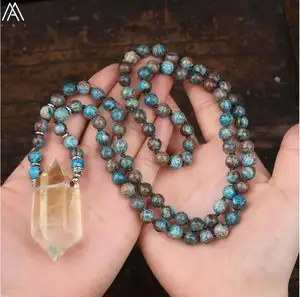 Ocean Jasper 108 Mala Beads Men Jewelry , Healing Crystal Citrine Quartz Double Point Pendant Necklace