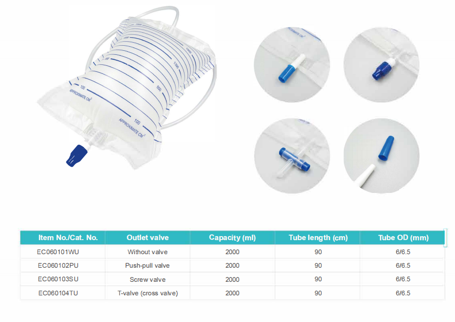 Bolsa de colección de orina de PVC estándar de 2000 ml con válvula de empuje y tracción para drenaje médico con tubo