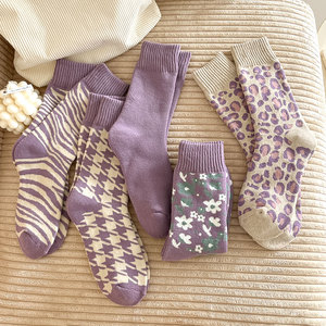 <span class=keywords><strong>Calcetines</strong></span> de rizo de longitud media morados de Taro de fantasía para <span class=keywords><strong>mujer</strong></span>, patrón de rayas gruesas con forro polar, cálido, de moda, talla única para todos DIZHIFEI - Product Image 3