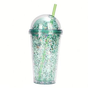 Vaso de Plástico Transparente de Doble Pared de 16 oz, con Tapa Redonda y Pajita con Lentejuelas Brillantes, Vaso de Agua de Alta Estética - Product Image 4