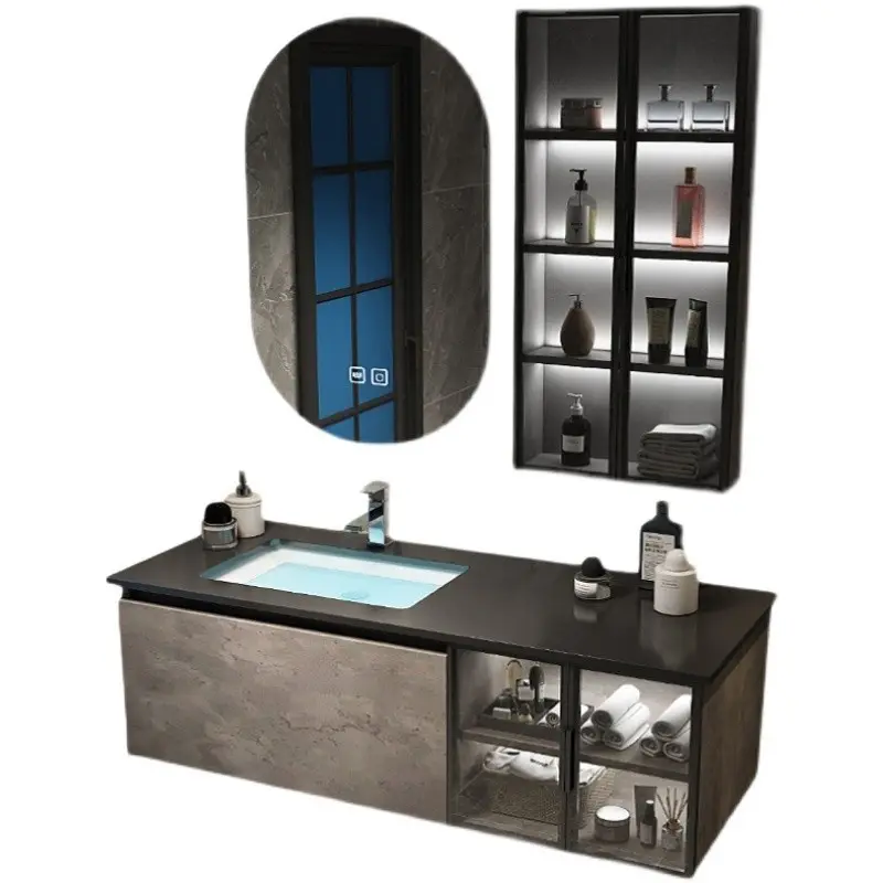 Armario de almacenamiento de piedra esquinera de alta calidad, mueble de lavabo de cristal para baño con espejo inteligente