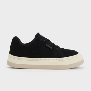 Zapatillas casuales de plataforma baja negras de moda con aspecto de gamuza y cordones para mujer, para uso diario y estilo urbano. - Product Image 4