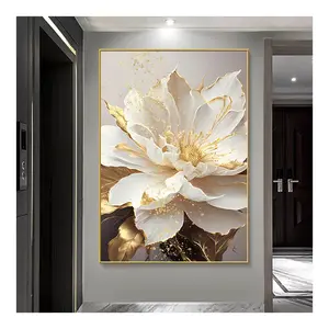 Modern Home Decoration Gold Leaf White Blooming Flowers Canvas Wall Art Pictures Prints Luxury Hanging Painting