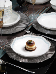 Elegant Blue & Gold Bone China Coupe <b>Dinnerware</b> Set 50-Piece Europe Style Wedding Tableware for 8 People Wave Design Gold Trim - Product Image 4
