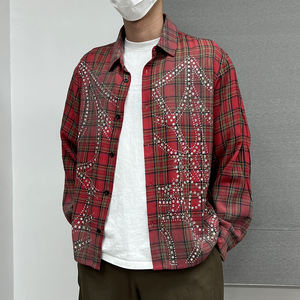 Vintage acide lavage Plaid hommes boutonné surdimensionné T-Shirt Logo personnalisé Streetwear flanelle strass hommes chemises à manches longues - Product Image 2