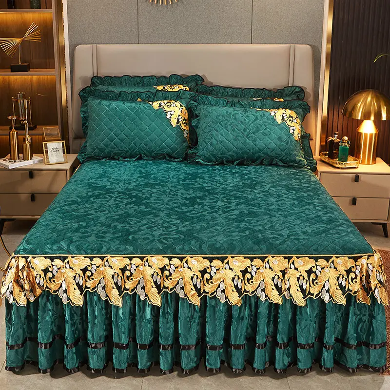 Camiseta bordada de renda, conjunto de cama de luxo com babado, saia, capa de cama