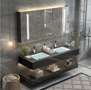 Venta al por mayor gabinetes de tocador de baño encimera-Encimera de mármol negro, mueble de baño de tamaño grande, 60 pulgadas, doble lavabo