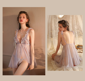 Nuova <span class=keywords><strong>Camicia</strong></span> <span class=keywords><strong>da</strong></span> <span class=keywords><strong>Notte</strong></span> di Lusso Personalizzata con Bretelle Sottili, Trasparente, con Spalline Aperte e Pizzo, Vita Elastica, per Donna, Estate Autunno - Product Image 4