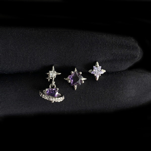 Bijoux de piercing tendance en cuivre et zircon, clous d'oreille pour cartilage, zircon violet, étoile, cœur, filetés, vente en gros OEM - Product Image 3