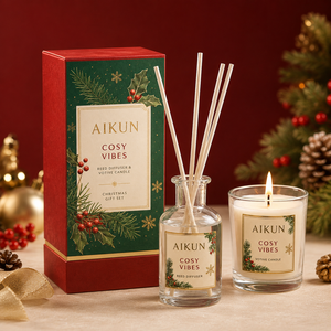 Aikun - Juego de Difusor de Aromas con Varillas de Vidrio Redondas de 150 ml, MOQ Bajo, OEM Rápido, con Vela Perfumada, Etiqueta con Logotipo, Caja Verde, Larga Duración, para Navidad - Product Image 2
