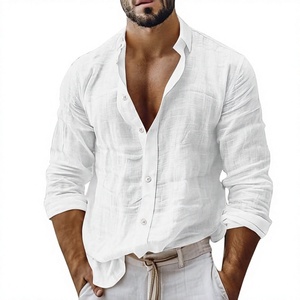 Camisas de Trabajo y Vacaciones para Hombre, Personalizadas OEM, Transpirables, de Punto, Manga Larga, Algodón y Lino, Corte Holgado, Cuello con Botones y Solapa Lisa - Product Image 3