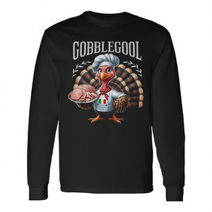 Gobblegool Turkey Chef T-shirt a maniche lunghe nera da adulto con cartone animato retrò del Ringraziamento - Product Image 2