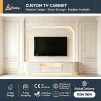Meuble TV encastré de luxe de fabrication française, sur mesure, avec menuiserie artisanale, conforme CE TSCA CARB2, design cintré, unité murale pour projet de villa