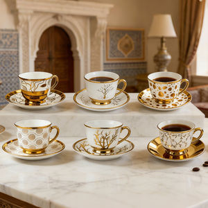 Service à thé en céramique décoré plaqué or de luxe, fabriqué en Jordanie, tasses à café turques en porcelaine fine avec soucoupes pour café et mariage - Product Image 6