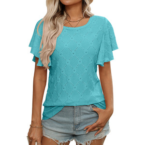 Camiseta informal de verano 2025 <span class=keywords><strong>para</strong></span> <span class=keywords><strong>mujer</strong></span> europea americana <span class=keywords><strong>para</strong></span> <span class=keywords><strong>Amazon</strong></span> nueva flor transfronteriza hueca manga de hoja de loto de punto - Product Image 6