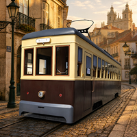 Tramway rétro vintage avec pantographe et wagon passagers pour parc à thème ferroviaire panoramique