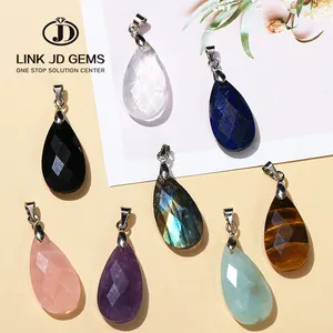 JD Natural Pink Quartz Amethyst Lapis Lazuli Faceted Long Size Drop Shape Necklace Pendant For Jewelry Making