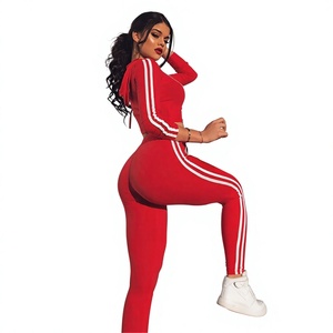 Ensemble de survêtement rayé rouge pour femme, haut court à manches longues, pantalon long, tenue sportive, taille élastique, extensible dans les quatre sens - Product Image 6