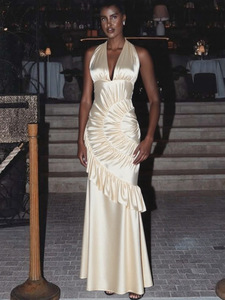 Abito lungo da donna in poliestere stile europeo-americano, nuovo modello estivo 2026, a tubino, a vita alta, tinta unita, scollo a V, con laccetto al collo e schiena scoperta - Product Image 2