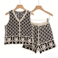 Ensemble gilet et short en crochet pour femme, style bohème, à carreaux et motifs floraux, ajouré, sans manches, col en V, OEM ODM