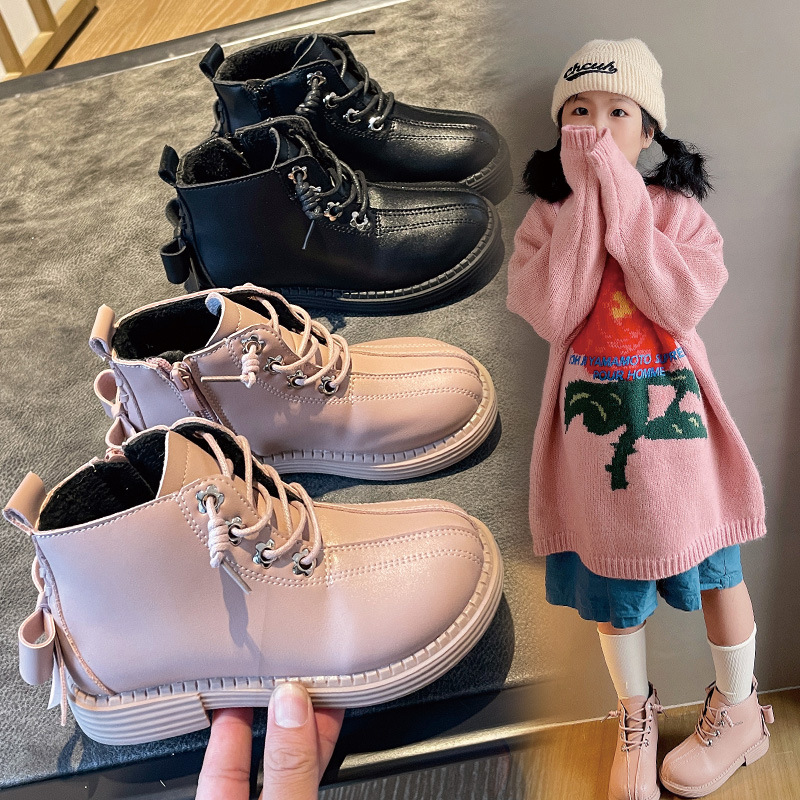 Плюшевые Ботинки Martin для девочек, новинка осень-зима 2021, модные красивые короткие ботинки с бантом, кожаные ботинки с боковой молнией для девочек