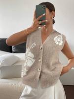 Rompi Rajut Wanita Musim Gugur Kerah V Kancing Depan Motif Bunga Tanpa Lengan Sweater Cardigan Chic Custom OEM ODM Grosir Pabrik