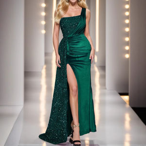 Gaun Pesta Pernikahan/Prom Wanita Elegan 2025 Model Satu Bahu dengan Detail Draped dan Belahan, Warna Merah Anggur, Gaun Pengiring Pengantin Panjang dengan Payet, Gaun Malam - Product Image 3