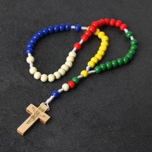 Rosario Barato con Cruz de Jesús, Cuentas de Colores, Hecho a Mano, Joyería Religiosa Católica de Madera, Regalos para Comunión, Bautizo, Iglesia, Venta al Por Mayor - Product Image 2