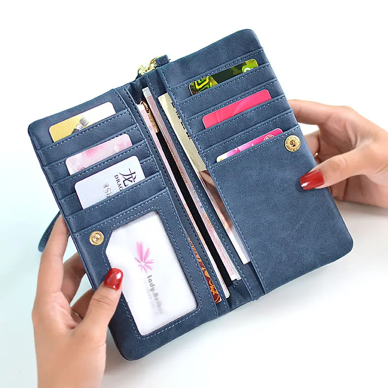 High Capacity Women Wallets Long Dull Polish PU Leather Wallet Female Double Zipper Clutch Coin Purse Cover Ladies Wristlet