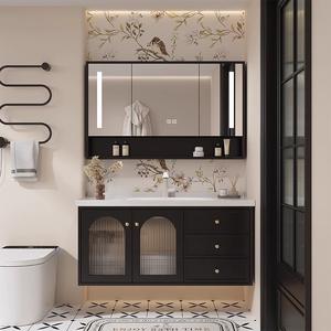 Stainless steel modern French touch illuminated <b>mirror</b> storage cabinet, seamless basin bathroom cabinet - Product Image 4