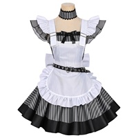 Costume de demoiselle d'honneur japonaise pour femmes, robe gothique Lolita à rayures fines, tablier, collier ras du cou, manches à volants, tenue de cosplay pour Halloween