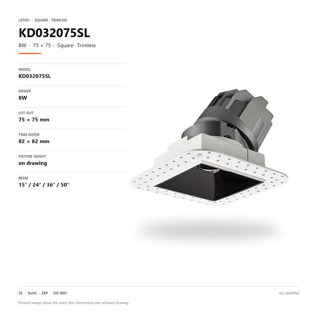 8W Square Trimless LED Recessed Downlight Aluminum Anti-Glare 75*75 mm Cutout Indoor Ceiling Lighting