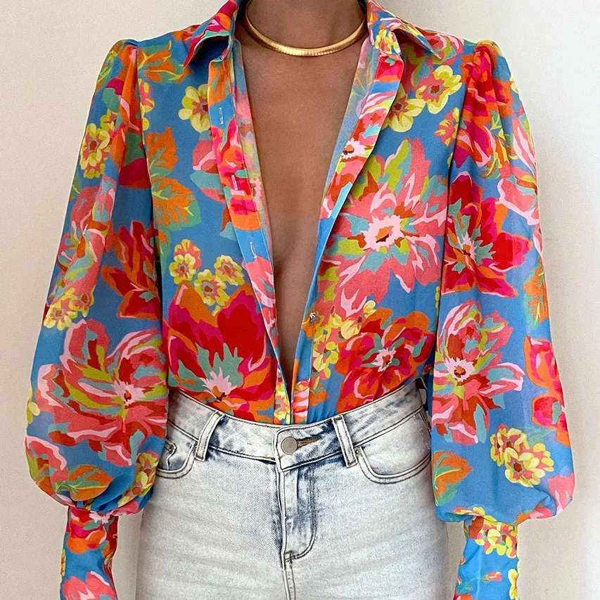 korean style floral print long sleeve chiffon shirt women deep v neck blouses elegant tops