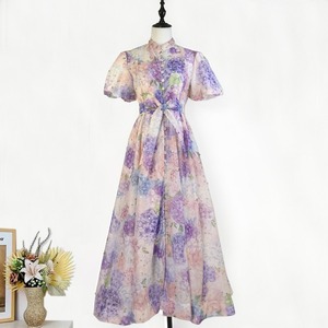 Solid Chiffon Mini Dress High Neck Puff Sleeve A-Line Fitted Breathable Spring Formal Vintage Lace <b>Tight</b> Waist Casual - Product Image 3