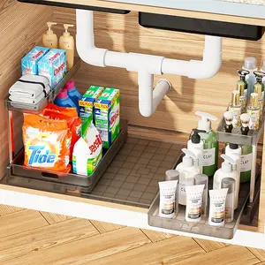 Organisateur d'armoire extractible 2 niveaux support tiroir coulissant étagère rangement multi-usage pour cuisine salle de bain maison sous évier organisateur