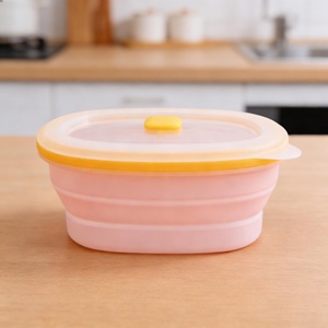 Microwave Safe <b>Kids</b> Lunch <b>Box</b> Silicone Food <b>Storage</b> Container with Plastic Lid Leak Proof Foldable Collapsible 2 Compartments - Product Image 4