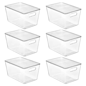 6個セット 透明 スタッキング可能 プラスチック収納ボックス 蓋付き 大型 食品グレードPET パントリー 冷蔵庫 キッチン デスクトップ クローゼット オーガナイザー - Product Image 1