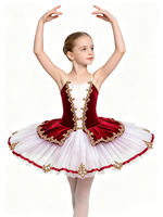 Robe de ballet en velours bordeaux avec dentelle dorée pour filles, tutu classique à bretelles spaghetti pour concours de danse et spectacles