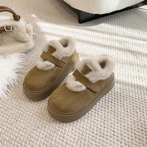 Damen-Plateau-Slipper mit Plüschkragen, Riemen am Fußgewölbe, runder Zehenpartie und dicker Sohle – Winterschuhe für den Alltag - Product Image 1
